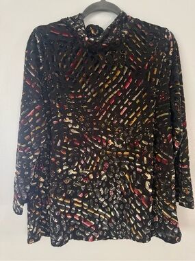 Abstract Burnout Velvet Cowl Neck Tunic Blouse Black Multi Large